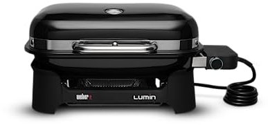Weber Lumin Compact 91010979 Barbecue électrique, portable, 43 x 32 cm, atteint plus de 315 °C, polyvalent, idéal pour saisir, fumer, cuire à la vapeur ou cuire des aliments - Noir