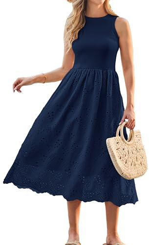 Damen Sommer A Linien Kleid Gestickte Stoffnähte Rundhals Hohe Taille Freizeitkleid Marineblau M