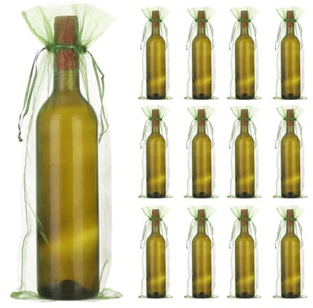 sourcing map 30pcs Organza Wine Bags, 15x5.5 Sheer Mesh Wine Gift Pouches with Drawstrings for Wedding, Birthday and Shower Party Favor, Green