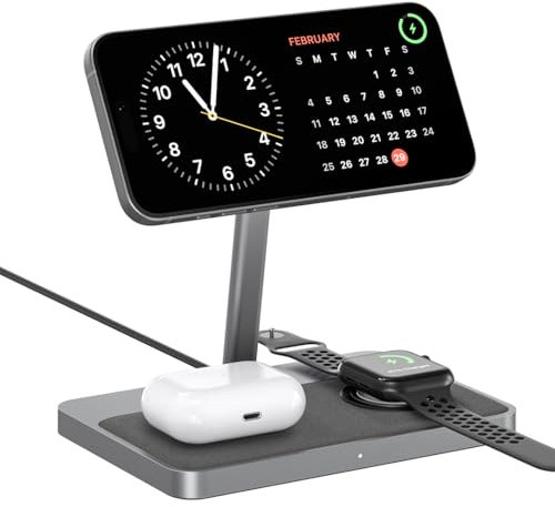 ZIKE 3-in-1 Qi2 & MFW zertifizierter Magnetic Stand Ladestation, Kabellose Ladestation, MagSafe kompatibel, Apple Watch Ladegerät, Für iPhone 16/15/14, AirPods, Apple Watch (Mit 45W USB-C Netzteil)