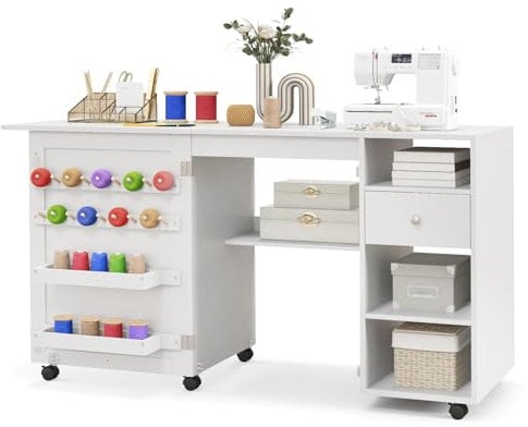 COSTWAY Folding Sewing Table, Rolling Craft Table Hobby Desk with Storage Shelves, Drawer, Trays and 6 Lockable Wheels, Space Saving Drop Leaf Sewing Machine Table Computer Desk Workstation, White