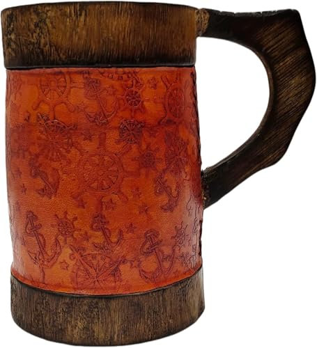 NAVIROCK Rustic Wooden Leather Wrapped Hand Carved Beer Mug Anchor Wheel Design Handmade Wooden Wine Tankard