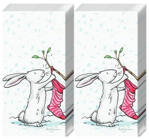 20 einzelne Taschentücher Weihnachten Comic Schneehase. 2 Packungen mit 10 einzelnen Papiertaschentücher bedruckt als Geschenk.