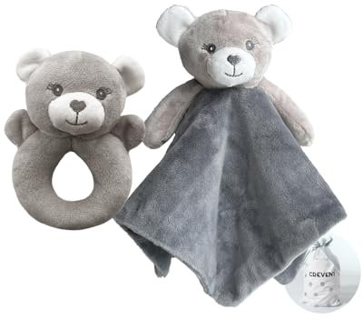 CREVENT Cozy Plüsch Baby Sicherheitsdecke Loveys für Baby Mädchen Jungen, gefüllte Tier Ring Rassel Shaker Spielzeug für Neugeborene (Bär an Handbell)