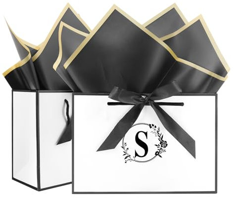 Initiale Geschenktüten 2 Stück Papiertüten mit Schleifenbändern+2 Seidenpapier, Geschenktaschen mit Henkel Partytüten Kreuzbodenbeutel Geschenkverpackung für Frauen Männer Geburtstag Hochzeit(S)