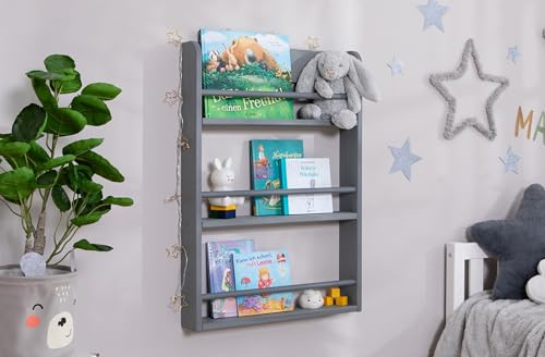 TiCAA Bücherregal Toni Kinder, Kinderregal mit 3 Ebenen, Spielzeugregal, Wandregal, für Kinderzimmer, Spielzimmer, weiß-, hellgrau, naturfarben