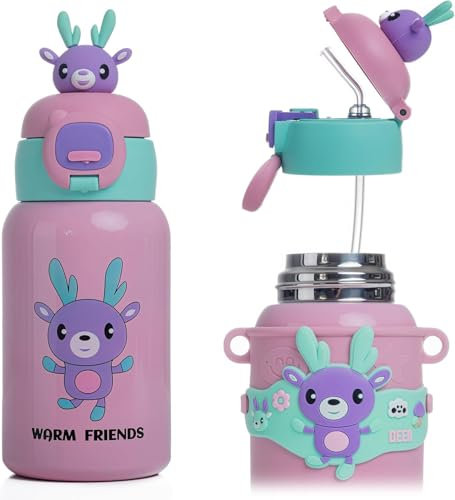 Trinkflasche Kinder Auslaufsicher, 450ml Edelstahl-Trinkflasche für Schule und Kindergarten, Mädchen, Jungen, Wasserflasche BPA-Frei für Kaltes und Heißes (Rosa)