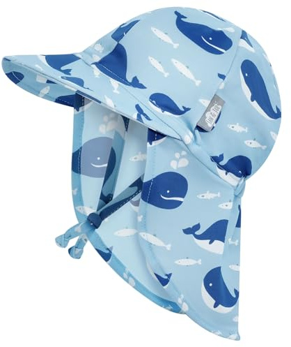 Jan & Jul Baby Sonnenhut mit Nackenschutz für Jungen, Strandkappe mit UV-Schutz für Schwimmen (Blue Whale, Größe M: 6-24 Monate)