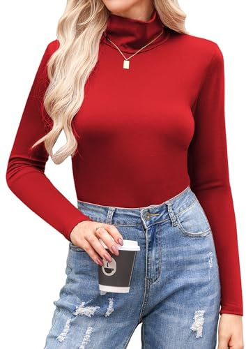 Aottori Red Turtle Neck Tops Womens Long Sleeve Top T Shirts Ladies Roll Neck Base Layer Soft Lightweight Thermal Underwear Basic Pullover A-Red M