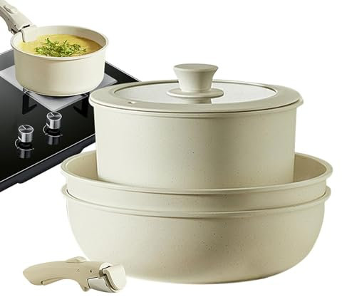Gourmetific - Juego de utensilios de cocina - Juego de ollas seguras | Mango desmontable antiadherente crema para cocinar | Mango desmontable antiadherente crema para cocinar | Olla y