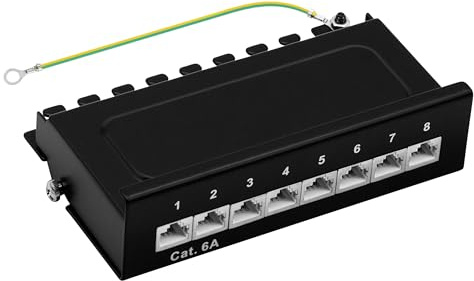 Patchpanel Cat6a 8 Port RJ45 Desktop Wandmontage geschirmt 1HE Schwarz | Bestückt mit 8 RJ45 Modulen, Für cat5e, cat6, cat6a, cat7, cat8 Kabel, Verteilerfeld, Patchfeld
