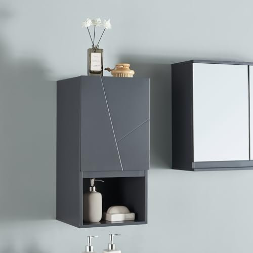 [en.casa] Hängeschrank Overath 30x30x60 cm Grau Badezimmerschrank Medikamentenschrank mit Schranktür und offenen Ablagefach