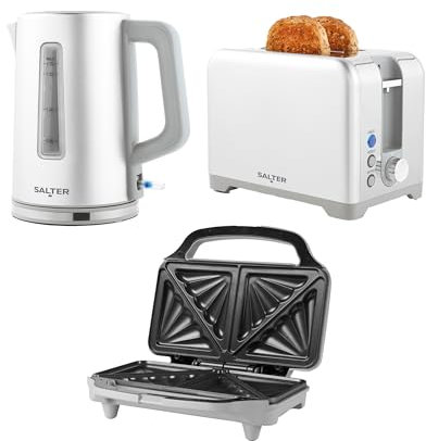 Salter Aspen Kettle, Toaster & Sandwich Toaster Set – 1.7L Capacity, Rapid Boil, Easy View Water Window, 7 Browning Levels, Removable Crumb Tray, Deep Fill Toasties, PFAS-Free Non-Stick Plates, Silver