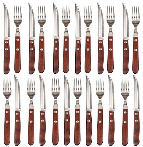 Cubiertos carne acero inoxidable madera 24 piezas con cuchillos carne 12 piezas y 12 piezas de tenedores de carne