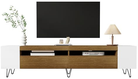 LERFAN Meuble TV moderne - Console - Blanc et aspect bois - Longueur : 180 x 36 x 43 cm (l x p x h)