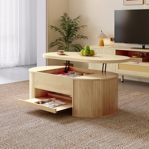 Merax Anhebbarer Couchtisch 110x55,5x40 cm, Höhenverstellbar mit Gebogenen Holzseiten, Ausziehbares Regal, Multifunktionales Wohnzimmermöbel, Stauraum für Snacks, Bücher, Elektronik, Holzfarbe