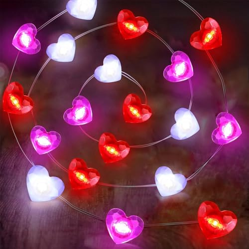 ENLACE LED Herz Lichterkette, 2M 20 LED Rot-Weiß-Lila Herzförmige Lichterkette Batteriebetrieben, Lichterketten Herzen für Valentinstag, Hochzeit, Jahrestage, Innen, Party Deko
