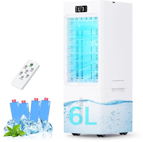 Air Cooler, 3 IN 1 Portable Air Conditioner, Portable Air Conditioning Unit with Cooling Mode, 6L Removable Water Tank with 4 Ice Packs, 3 Wind Speed, 12H Timer, 5m Remote, Auto Oscillation