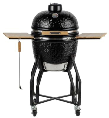 INTEC - Barbecue a carbone in ceramica Kamado nero 2 zone di cottura Grill & Affumicatore Ø56 cm - Barbecue mobile + 2 ripiani