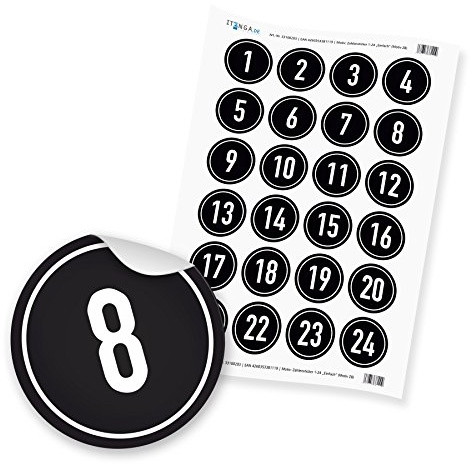 Adventskalenderzahlen 4cm Zahlensticker 1-24 schwarz weiß Zahl weiß Hochglanz