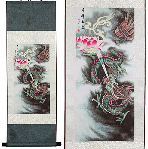 Sweethome Asiatische Seidenwandrolle und Bild, Kalligraphie, hängendes Kunstwerk (Cyan Dragon)