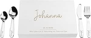 LAUBLUST Kinderbesteck mit Namensgravur - Niers Gravur & Geschenkbox weiß | Besteck mit Namen - Geschenk zur Taufe für Kinder - Taufgeschenke für Jungen & Mädchen | Personalisierte Erinnerungsbox