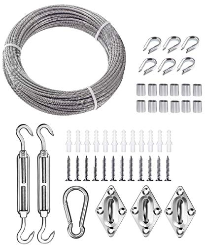 TooTaci Corde en Acier Inoxydable à Suspendre Kit,3mm Câble Acier avec M5 Tendeurs de Fil,15M Cable en Acier Inoxydable Revêtu,Plaques à œillets M5,Manchons M3,pour Triangulaire Voile d'ombrage
