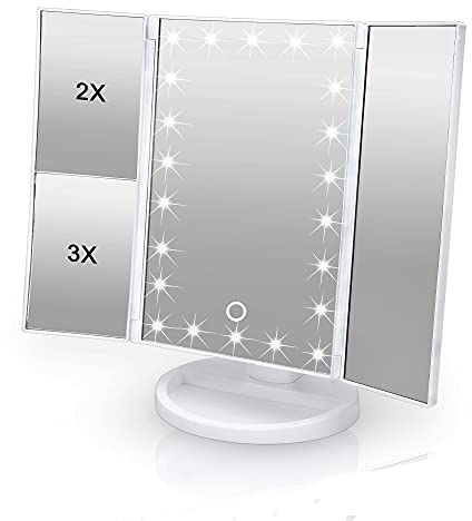 INTIRILIFE Espejo de Maquillaje 22 LED de iluminación y Cable USB para Cargar en Blanco -3 Lados Espejo de Maquillaje- 1X/ 2X/ 3X aumentos- Espejo de Maquillaje Regulable- Espejo de Mesa Plegable