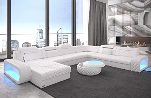 Sofa Berlin XXL U Form Wohnlandschaft mit LED Beleuchtung und Ottomane (Ottomane Links, White)