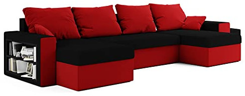 Grekpol- Ecksofa, Sofa mit Regal und Schlaffunktion, MEGA Big Sofa! Eckcouch mit Bettkasten- Texas (Rot+Schwarz)