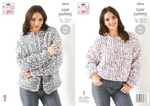King Cole Ladies Super Yummy Knitting Pattern Easy Knit Sweater & Cardigan (5974), 30'' - 56''