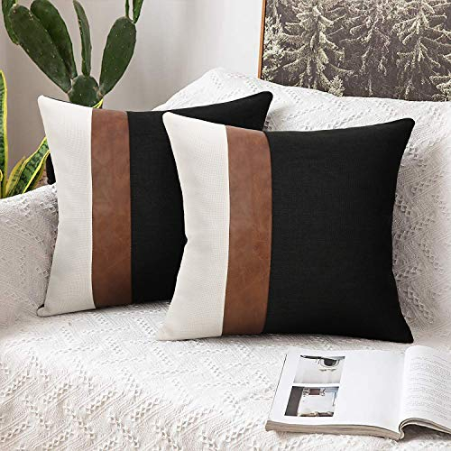 Merrycolor 2er Set Kissenbezug 50 x 50 cm, Spleißen Leinen Wurf Sofa überzug, Kissenhülle Invisede Reißverschluss für Sofa Gartenbett Couch Stuhl Schlafzimmer(Schwarz Weiß,50 x 50cm)