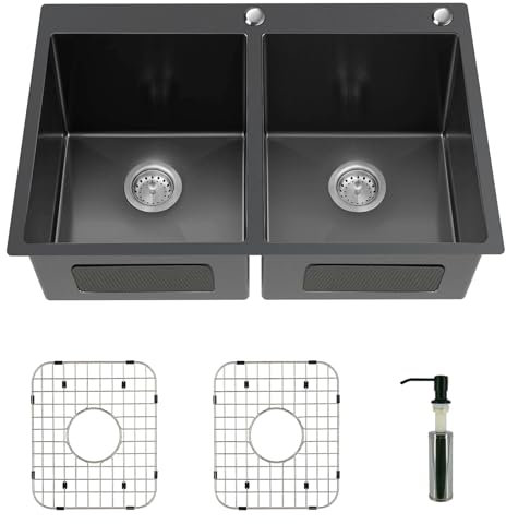 Fregadero de cocina negro, 50/50 tazón doble de 33 x 22 x 9 pulgadas, fregadero de cocina de acero inoxidable de montaje superior, fregadero de barra de cocina, rejilla de fregadero, dispensador de