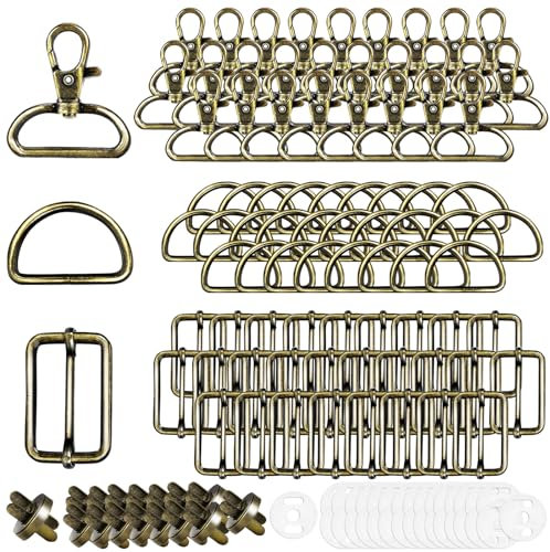 100 Stück Drehbare Karabinerhaken Mit Drehgelenk Schlüsselanhänger D-Ringe Triglide-Schiebeschnalle Gurtversteller Metall Magnetknöpf Schnallen und Verschlüsse für DIY Nähen Zubehör (32mm, Bronze)