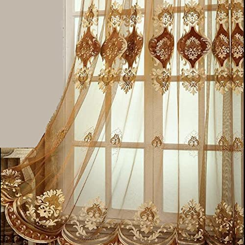 Amidoudou Bestickte durchsichtige Vorhänge für Wohnzimmer, Schlafzimmer, Tüllvorhänge, europäisch, 1 Paar (Kaffee, 130 x 228 cm)