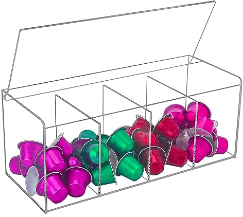 TAIANJI Large Coffee Pod Holder, Clear Acrylic Capsule Dispenser Display Box with Compartment, Plastics Storage Box with Lid for All Coffee Pods, Candies, Tea Bags, Collection 30 x 12 x 12cm