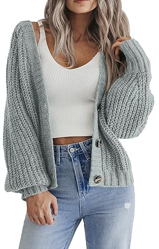 Hotouch Cardigan Femme Manches Longues Col en V Cardigan Court Grosse Maille Veste avec Bouton Élégant Décontracté Vert Clair XXL