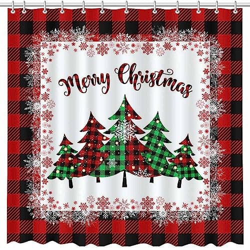 MEHOFOND 72x72inch Christmas Shower Curtain Tree Bathtub Decoration Red Buffalo Plaid Bathroom Accessory Set Washable Durable Polyester Material With 12 Hooks