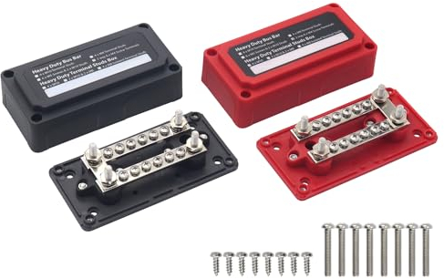 Gloaso 12V-48V DC Sammelschiene Verteiler 100A Busbar mit 4x M6 Bolzen, 12x M4 Schrauben Klemmblock, Heavy Duty Batterie Sammelschienen Bus Bar für Kfz Wohnmobil LKW Solar Marine, Schwarz&Rot 2 Stück