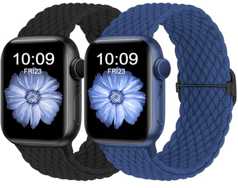 Finoriss Armband Kompatibel mit Apple Watch 38mm 40mm 41mm, Geflochtenes Elastisches Nylon Armband für Apple Watch Series 9 SE 8 7 6 5 4 3, Schwarz/Blau
