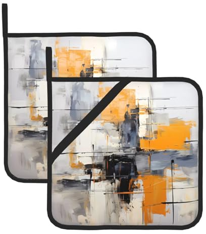 Chrysm Set di 2 presine da cucina con pittura astratta grigia e gialla, sottopentola per microonde, resistenza al calore e barbecue