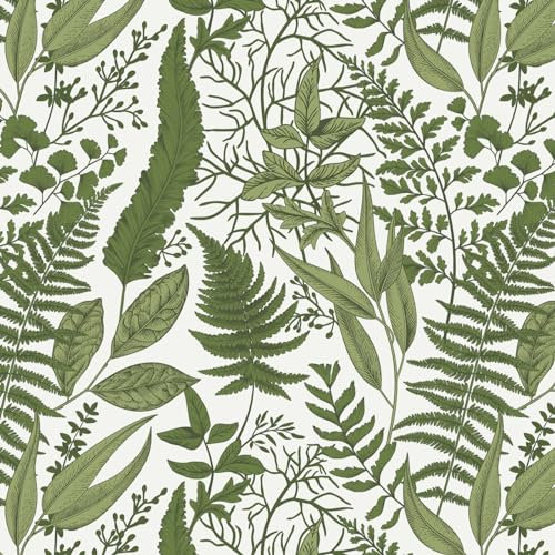 Fiula Peel and Stick Wallpaper Green Leaves Wallpaper 41CMx3M Vinyl Wrap Roll Tropical Contact Paper Removable Wallpaper White Waterproof Decorative Shelf Drawer Liner Roll Waterproof