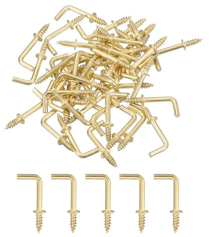 QUARKZMAN Ganci ad Angolo Retto, 50pz 1/2 Ganci a Vite a Forma di L Avvita Ganci, Ganci a Vite ad Angolo Retto in Metallo a Forma di 7 per Appendere, Oro