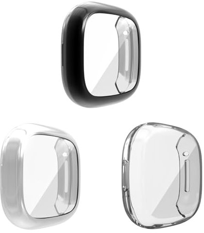 3 Stück Hülle mit Displayschutz Kompatibel mit Fitbit Versa3/sense Schutzhülle, Weiche TPU Kantenschutz Kratzfest HD Ultradünne Schutz Case für Fitbit Versa3/sense (Schwarz+Silber+Klar)