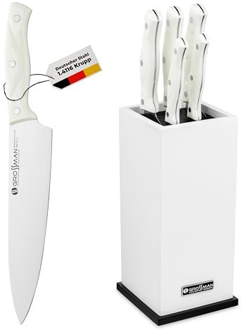 GROSSMAN® SL2687 Alaska Bürsten Messerblock | 5-teiliges Messerhalter | Deutschem Edelstahl Klingen | Messerständer mit Messer | Küchenmesser Set | Messerorganizer | Messerset | Messer Set | Weiß