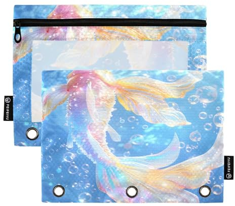 Mnsruu Dreamy Fish Tail Federmäppchen mit 3 Ringen, mit Reißverschluss, transparentes Fenster, Schreibwarentasche zur Aufbewahrung von Schul- und Bürobedarf, 2 Stück, mehrfarbig, Einheitsgröße,