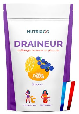 NUTRI & CO Draineur Rétention d’Eau Puissant - Poudre de Cassis & Extraits de Plantes Breveté Elimreal® - Ventre Plat & Ballonnements - Goût Cassis-Citron 100g Vegan - Fabriqué en France