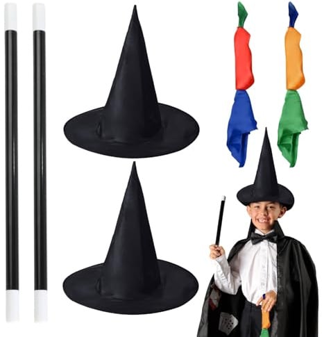 UILYNIU 6 Stück Anfänger Zaubertricks Kostüm Set mit Magie Hexenhut Zauberstab Farbwechsel Taschentuch, Neuheit Magie Requisiten Zauber Tricks Geburtstag Geschenk für Magier Kinder Erwachsener (6PCS)