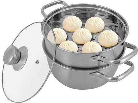 Kochtopf Dampfgarer, Topf mit Dämpfeinsatz, 2-stufiger Edelstahl Dampfgarer für verschiedene Herdarten 20 cm 1.2L Silber