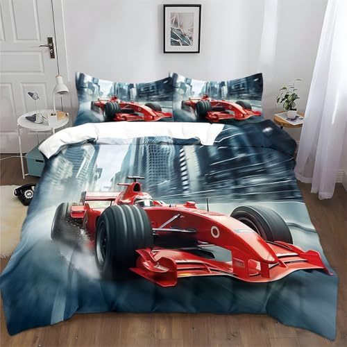 Bettbezug Bettwäsche 135 x 200 cm Rot Formel-Rennsport Mit Dynamischer Zusammensetzung Bettbezug Set 3 Teilig Weiche Microfaser Bettwäsche Bettdeckenbezug, mit Reißverschluss Weich und Bügelfrei
